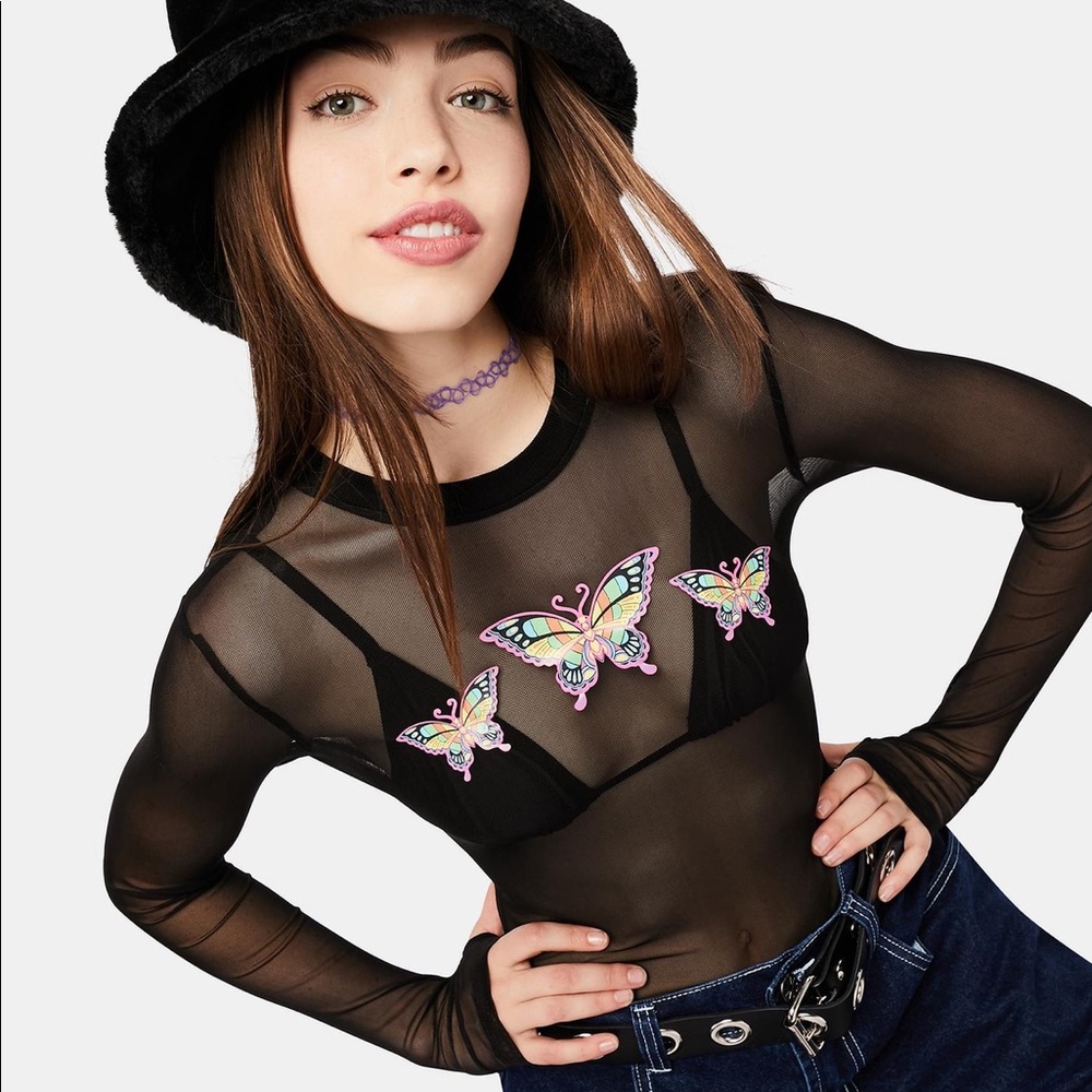 Delias Mesh Butterfly Long Sleeve Crop Top Plus